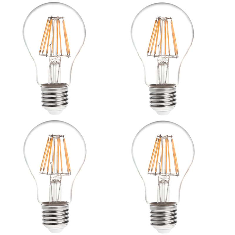 A19 E26/E27 8W LED Vintage Antique Filament Light Bulb, 75W Equivalent, 4-Pack, AC100-130V or 220-240V A19 E26/E27 8W LED Vintage Antique Filament Light Bulb, 75W Equivalent, 4-Pack, AC100-130V or 220-240V